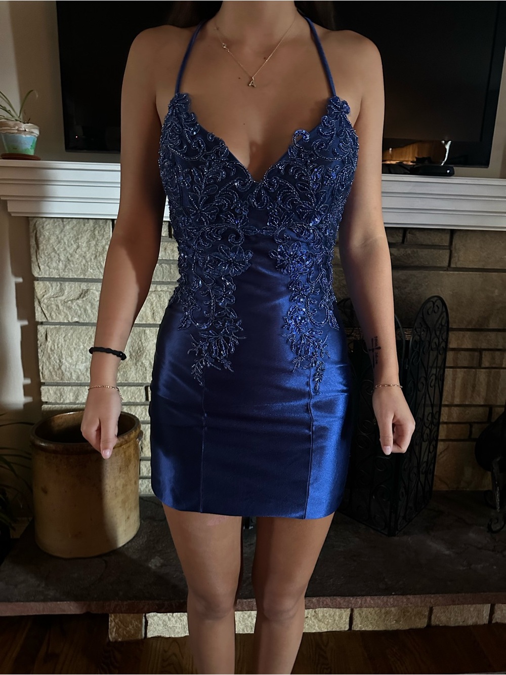 Navy Beaded Satin Halter Midi Dress